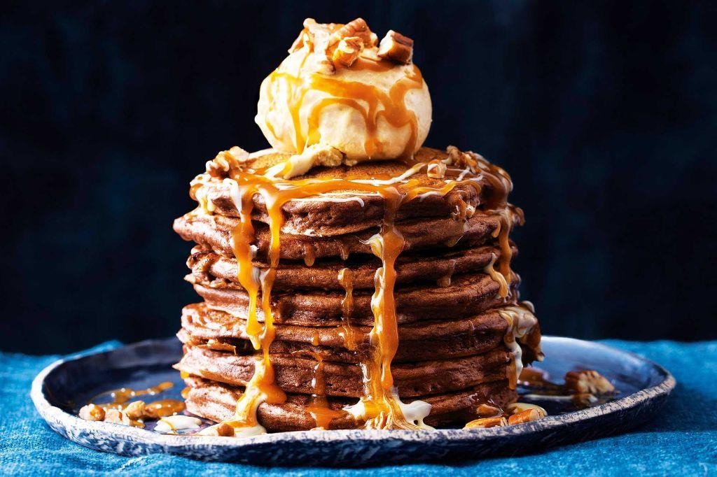 Milk Chocolate Pancakes with Caramel Drizzle