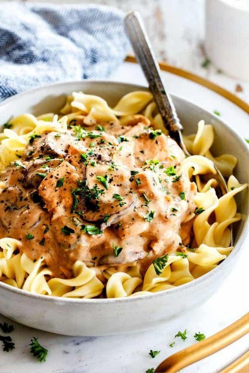 Mushroom Stroganoff Shredded Chicken Pasta