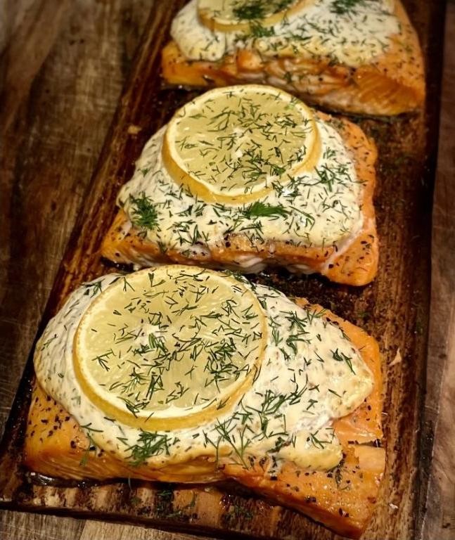 Mustard Dill Cedar Plank Salmon