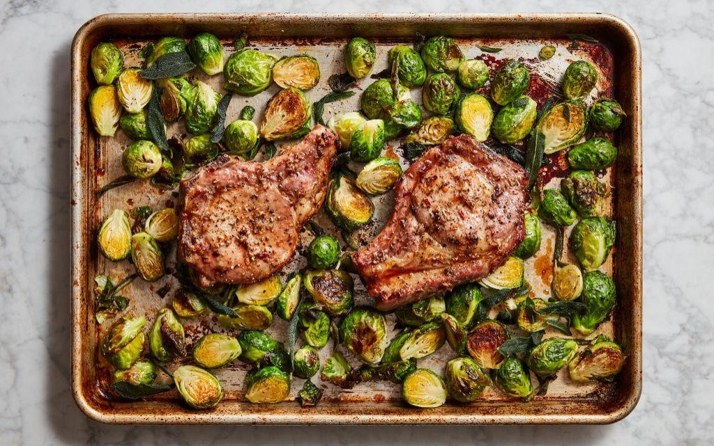One Pan Pork Chops with Brussels Sprouts and Bacon