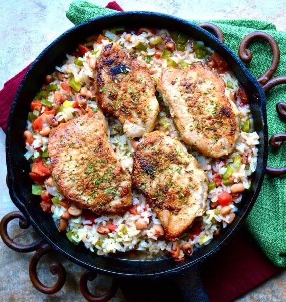 One Pan Pork Chops with Peppers and Rice