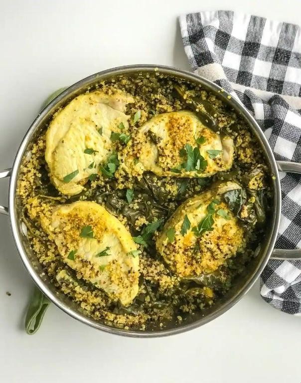 One Pan Pork Chops with Quinoa and Spinach