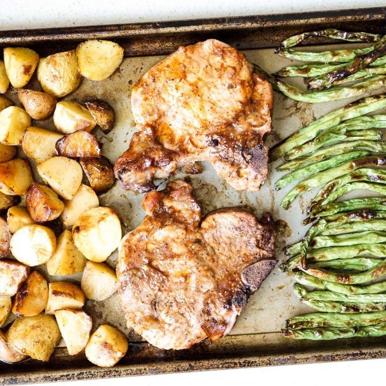 One Pan Pork Chops with Roasted Potatoes and Green Beans