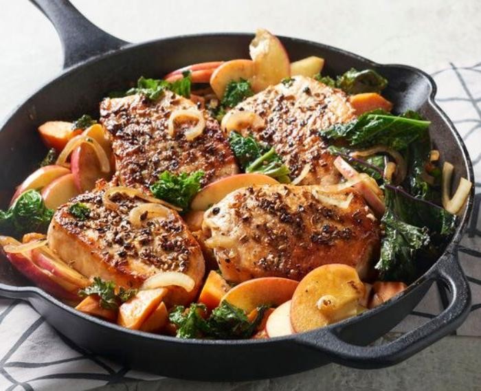 One Pan Pork Chops with Sweet Potatoes and Kale