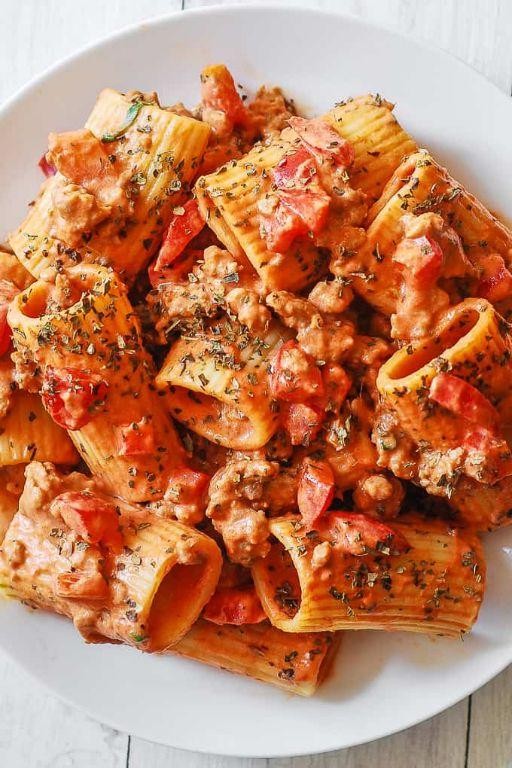Paccheri with Spicy Sausage and Tomato Cream Sauce