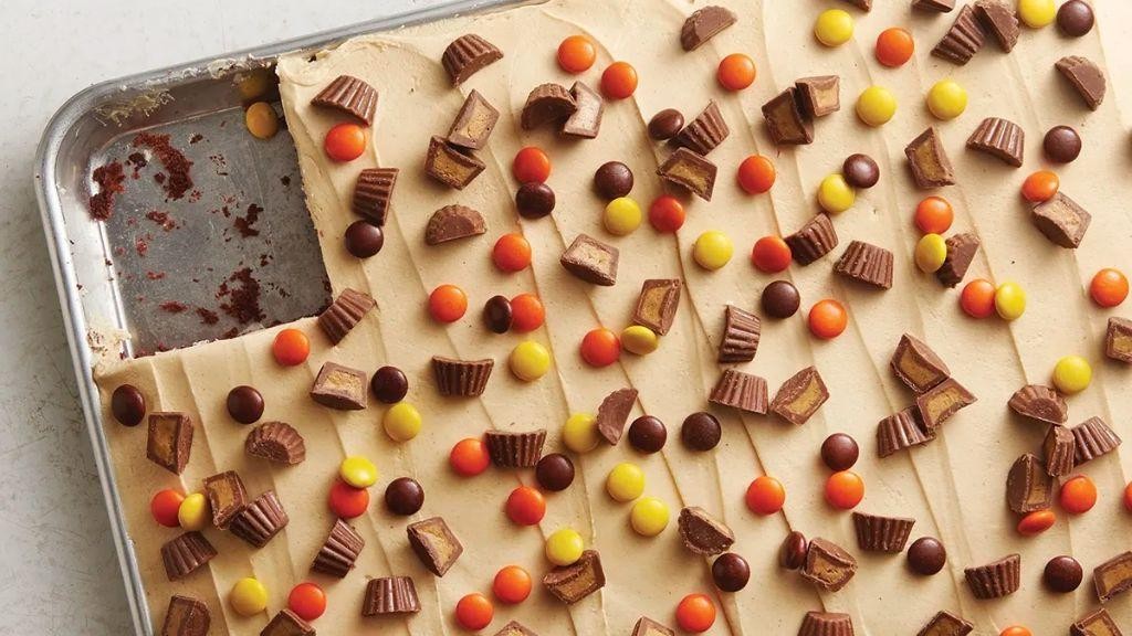 Peanut Butter Chocolate Sheet Cake with Reese