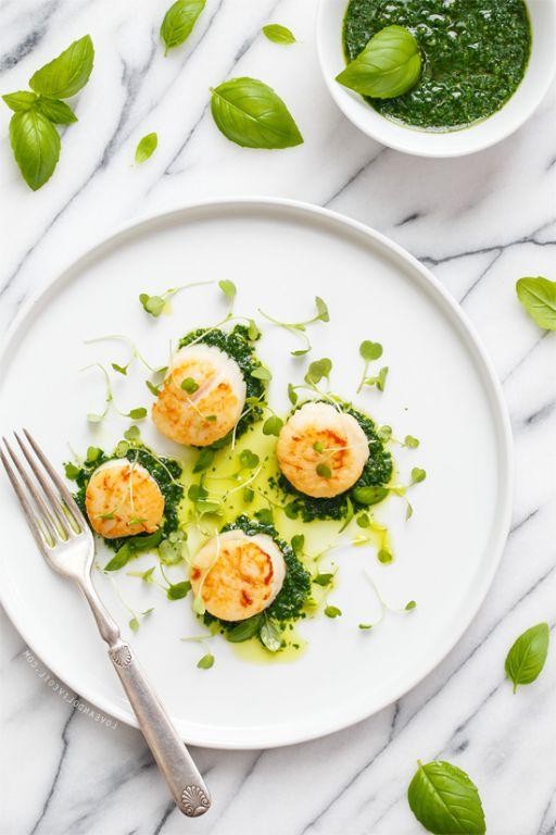 Pearlescent Oil Seared Scallops with Basil