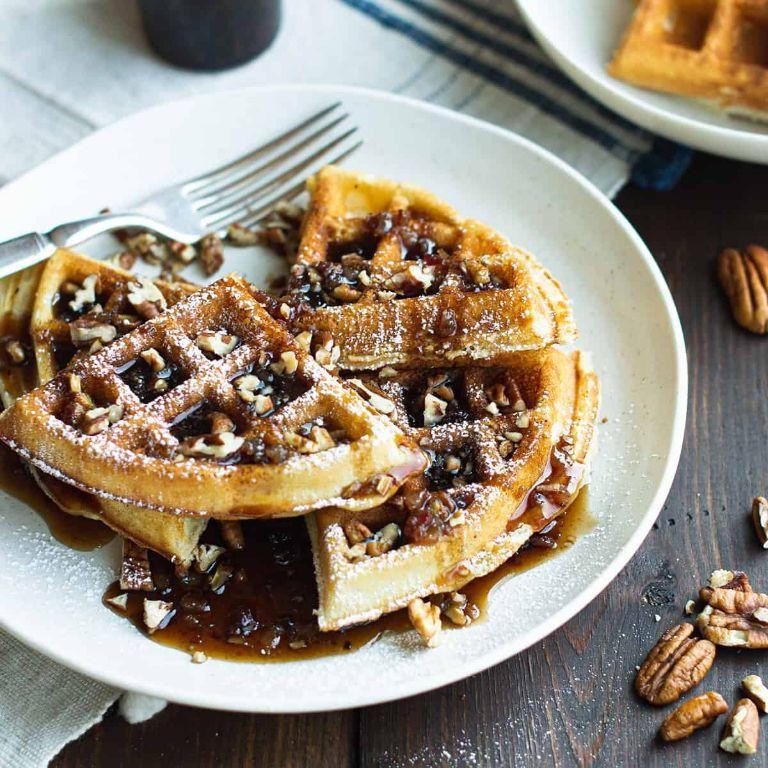 Pecan waffles with maple syrup