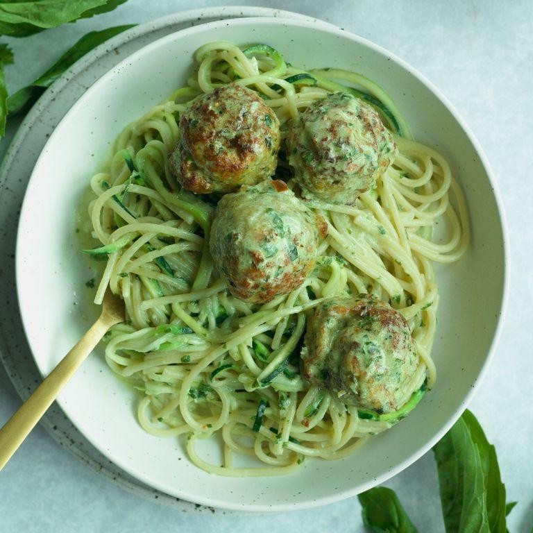 Pesto Meatballs in Basil Cream Sauce