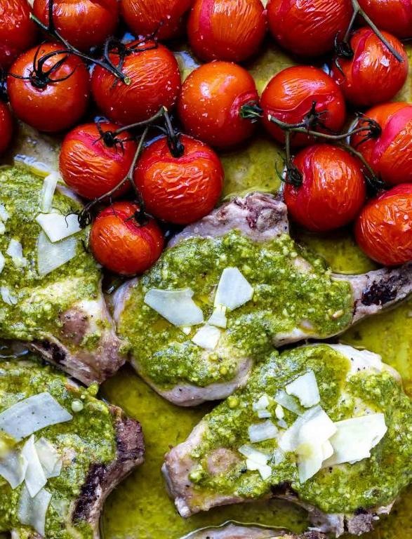 Pesto One Pan Pork Chops with Cherry Tomatoes