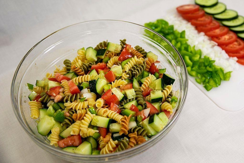 Pesto Tri-Colored Pasta Salad with Pine Nuts