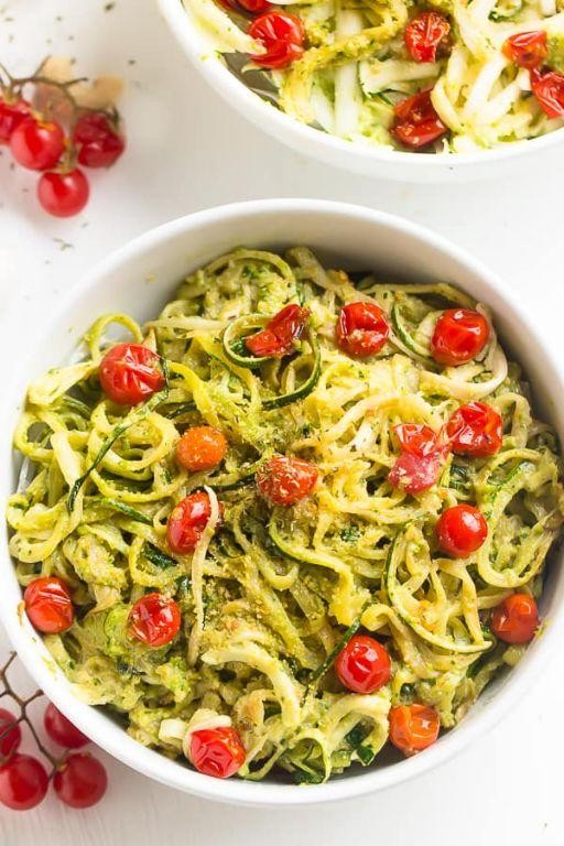 Pesto Zucchini Pasta with Cherry Tomatoes