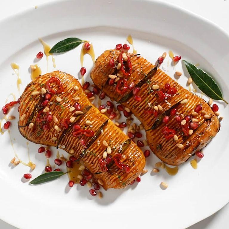 Pomegranate Glazed Hasselback Butternut Squash