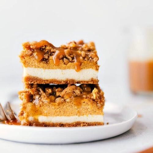 Pumpkin Cheesecake Bars with Caramel Drizzle