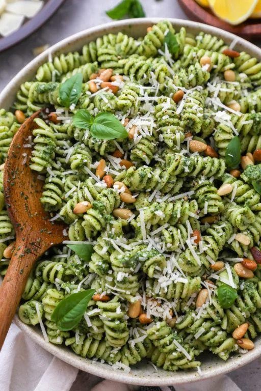 Purple Kale Pesto Pasta with Toasted Pine Nuts