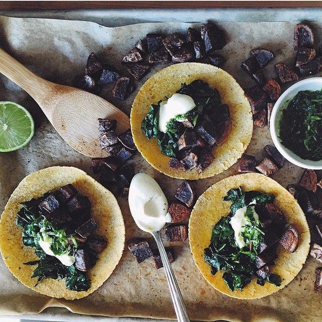Purple Kale and Black Bean Tacos with Lime Crema