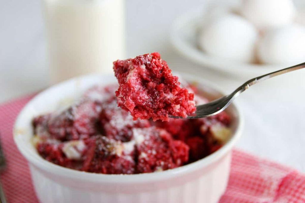Red Velvet Cake Mix Bread Pudding with Vanilla Sauce