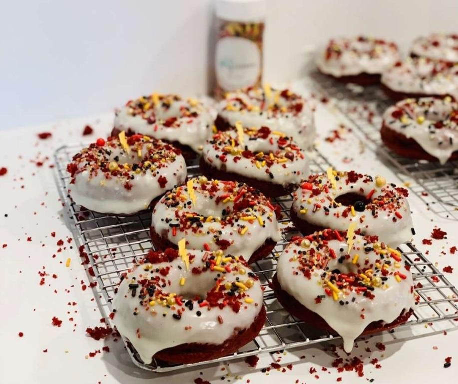 Red Velvet Cake Mix Donuts with Vanilla Glaze