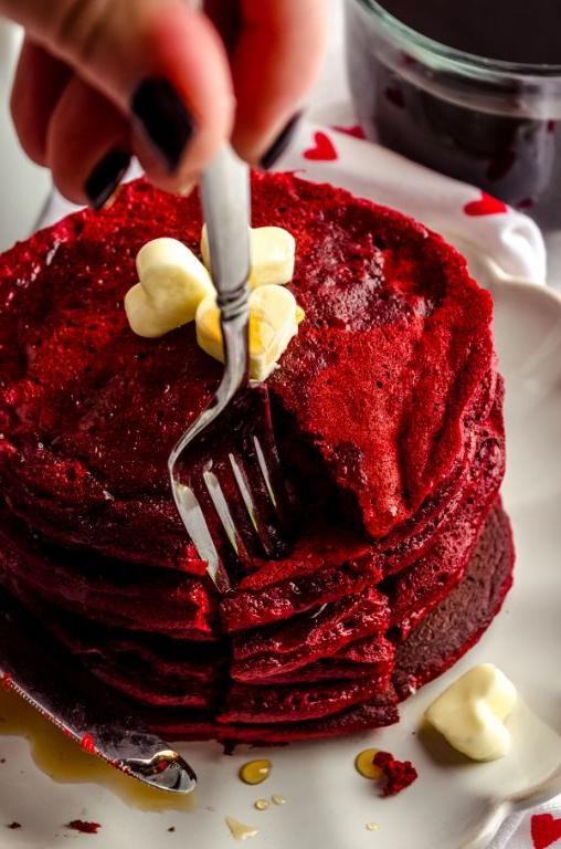 Red Velvet Cake Mix Pancakes with Maple Syrup