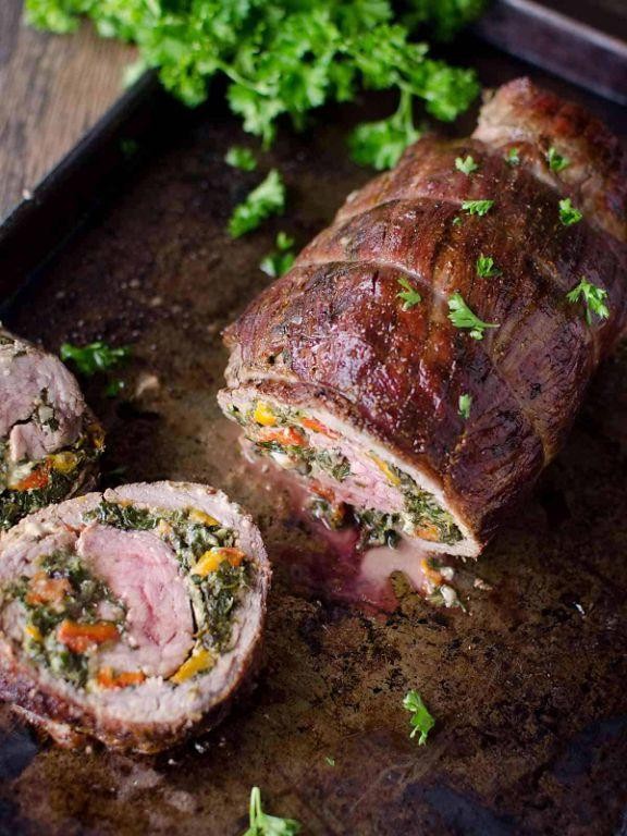 Roasted Red Pepper and Cream Cheese Flank Steak Pinwheels