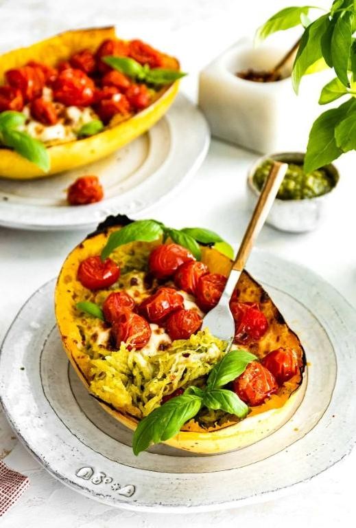 Roasted Spaghetti Squash with Pesto and Cherry Tomatoes