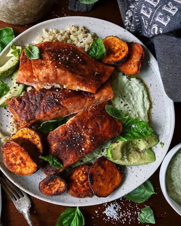 Roasted Sweet Potato and Blackened Salmon Salad