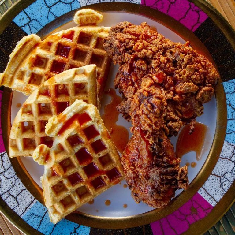 Spicy Maple Glazed Chicken and Cornbread Waffles