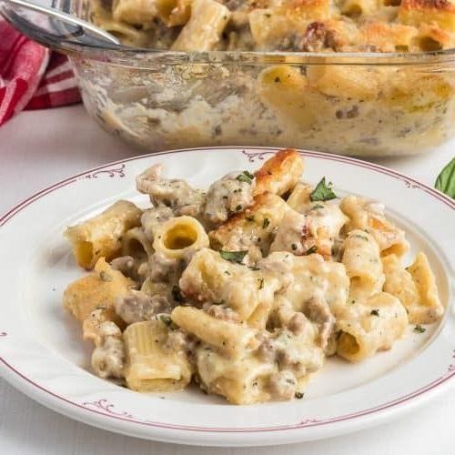 Spicy Sausage and Alfredo Rigatoni