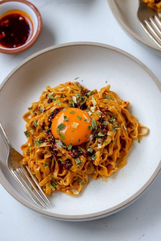 Spicy Tomato Ramen with Poached Egg