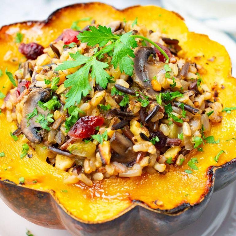 Stuffed Carnival Squash with Wild Rice and Mushrooms