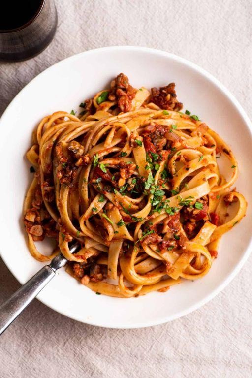 Tempeh Bolognese over Pasta