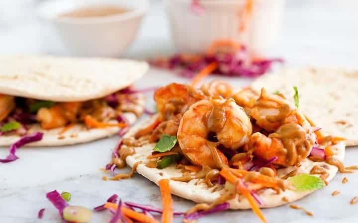 Thai Chili Shrimp Flatbread with Peanut Sauce