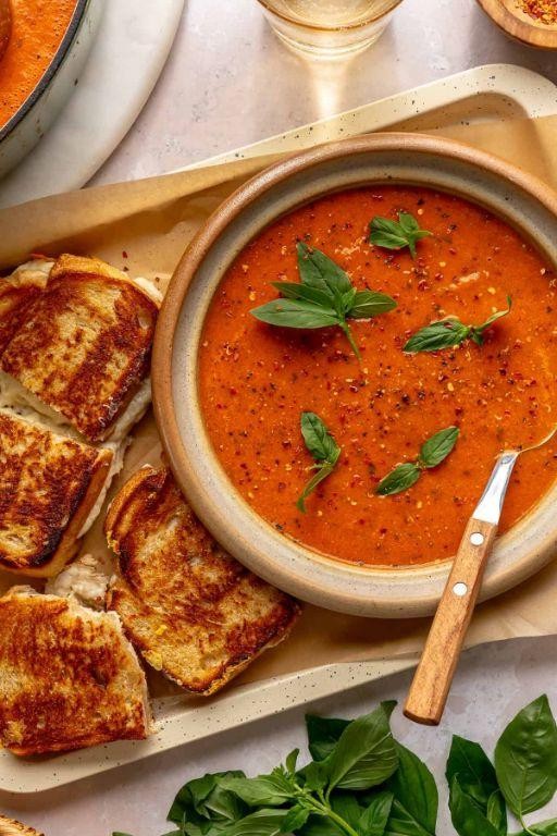 Tomato Basil Soup with Grilled Cheese