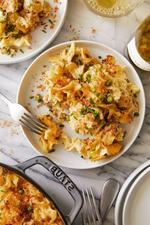 Tuna noodle casserole with crispy breadcrumbs