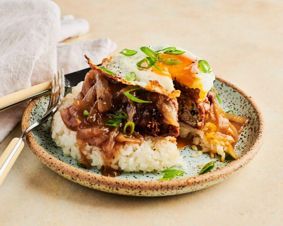 Turkey Patty Loco Moco with Sweet Potato Mash