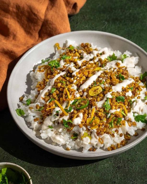 Turmeric Rice and Lentil Bowl with Yogurt Drizzle