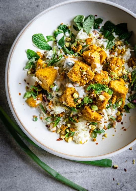 Turmeric Rice with Crispy Tofu and Peanuts