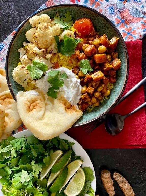 Turmeric Rice with Roasted Sweet Potatoes