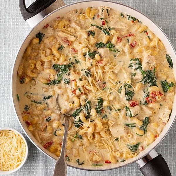 Tuscan Garlic Shredded Chicken Pasta