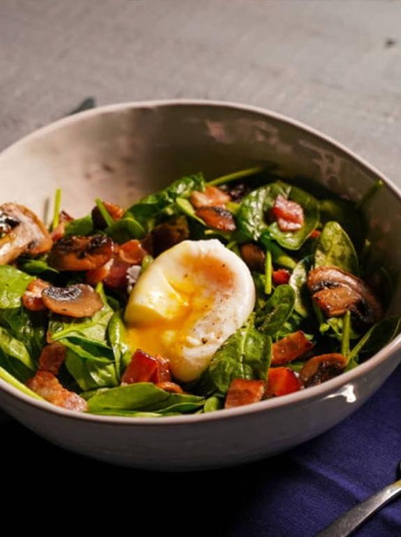 Warm Bacon Spinach Salad with Poached Eggs