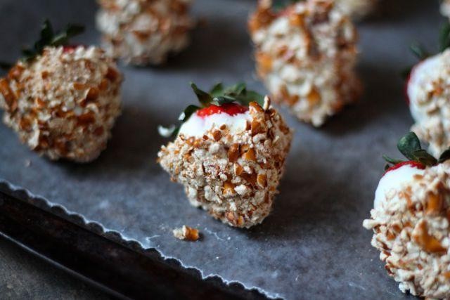 White Chocolate Dipped Strawberries with Crushed Pretzels