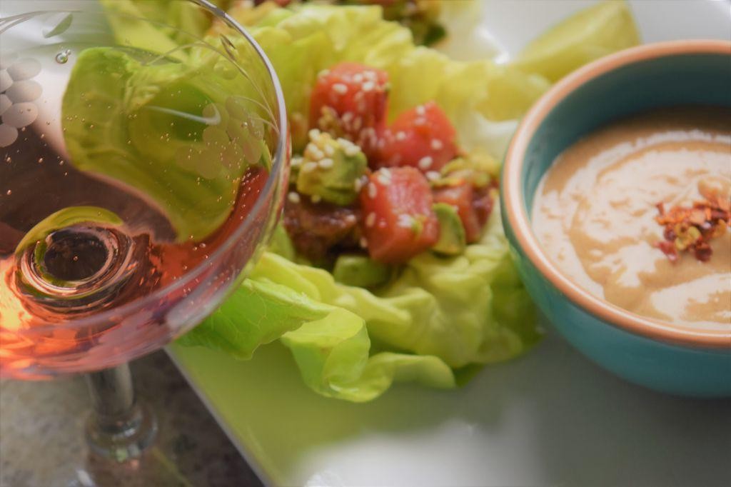 Yellow Tail Tuna Lettuce Wraps with Peanut Sauce