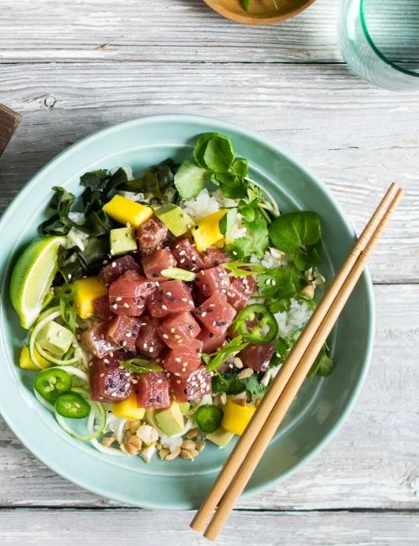 Yellow Tail Tuna Poke Bowl with Avocado and Mango