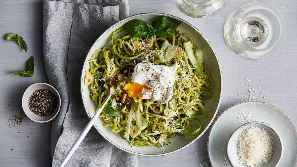 Zucchini Noodles with Poached Eggs and Pesto